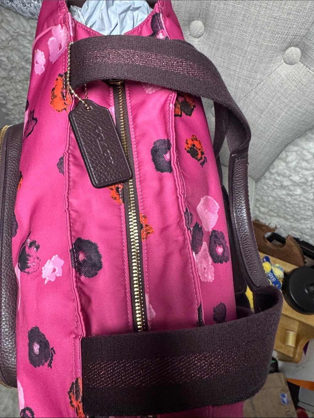 Coach Pink Floral Tote with Brown Front Pocket and Matching Logo Tumbler - Picture 6 of 10